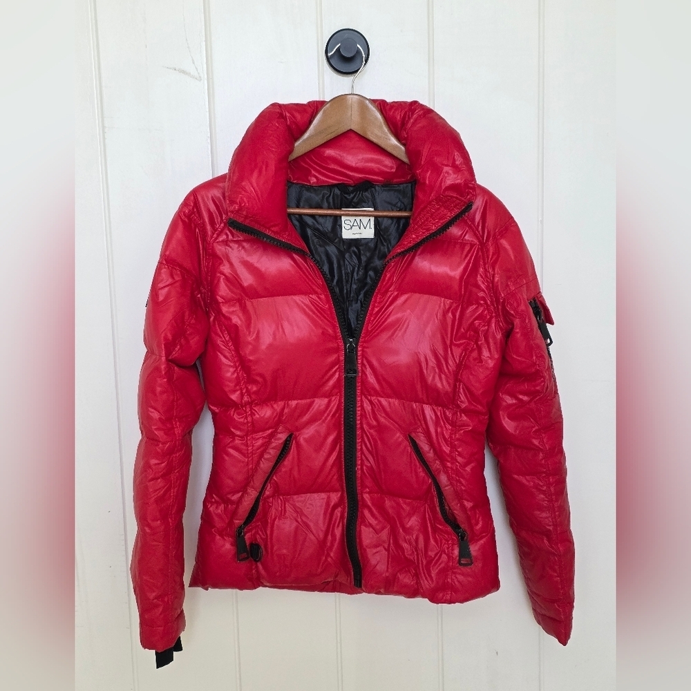 SAM. Freestyle Down Puffer Bomber Jacket In Candy Red Size XS - Picture 6 of 12